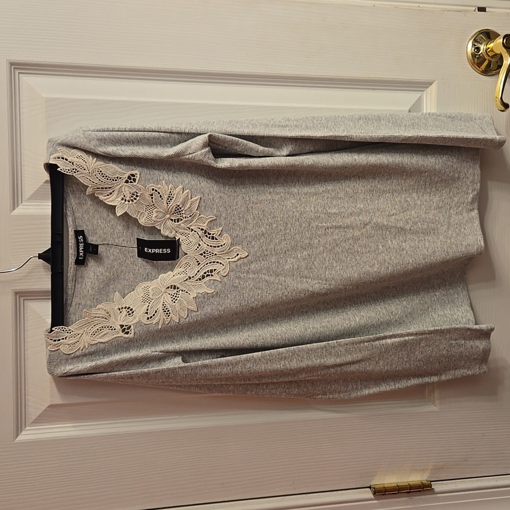 Womens express size small top. Grey and with cream lace trim